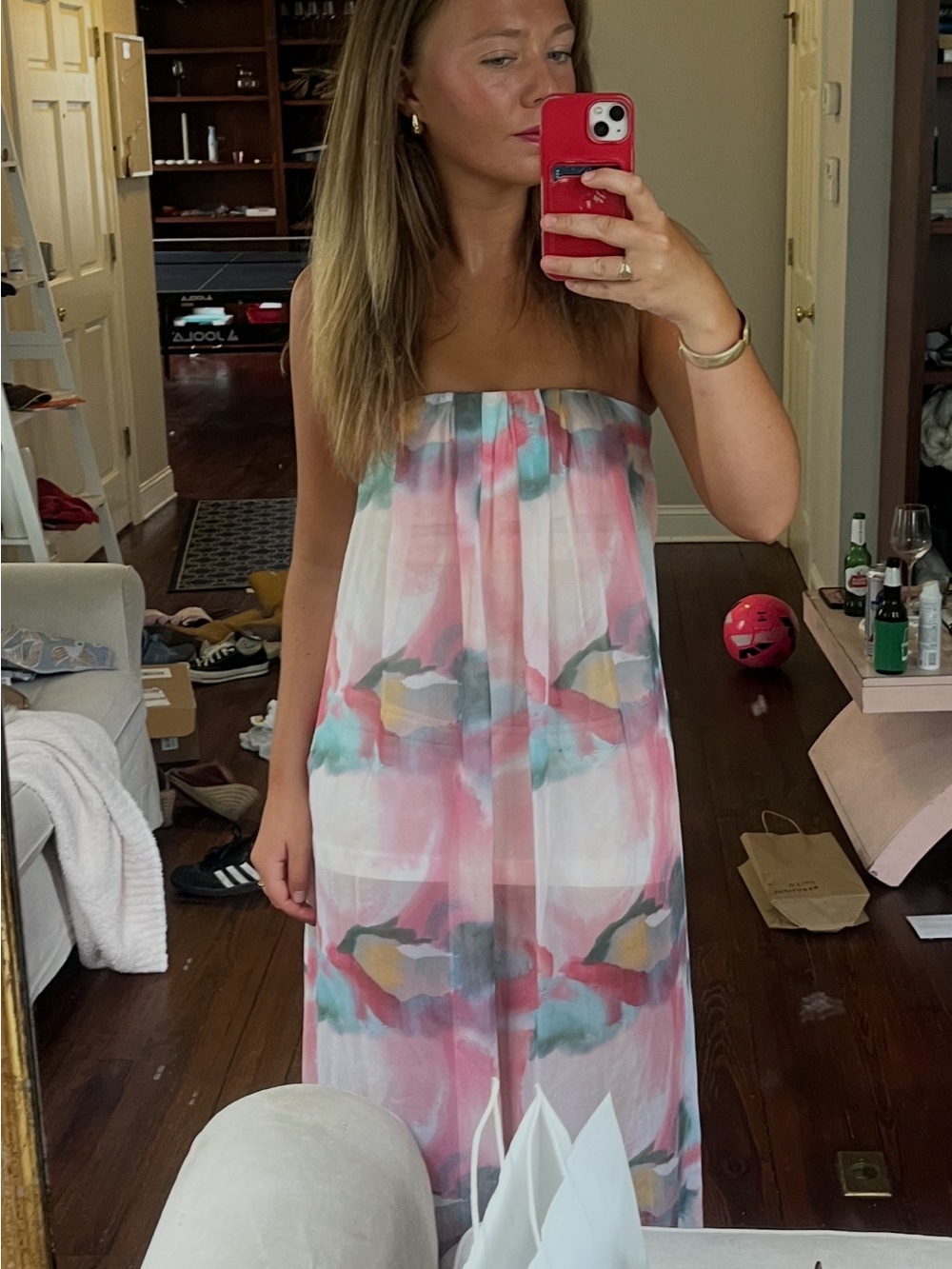 Alice + Olivia Olivia Kiernan Strapless Maxi Dress in Pink, Aqua, and Cream